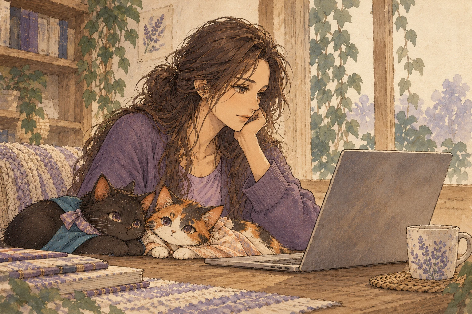 Una mujer frente a su computadora, acompañada por Mati, un gato negro petróleo, y Temi, una gata calicó, recostados a su lado.