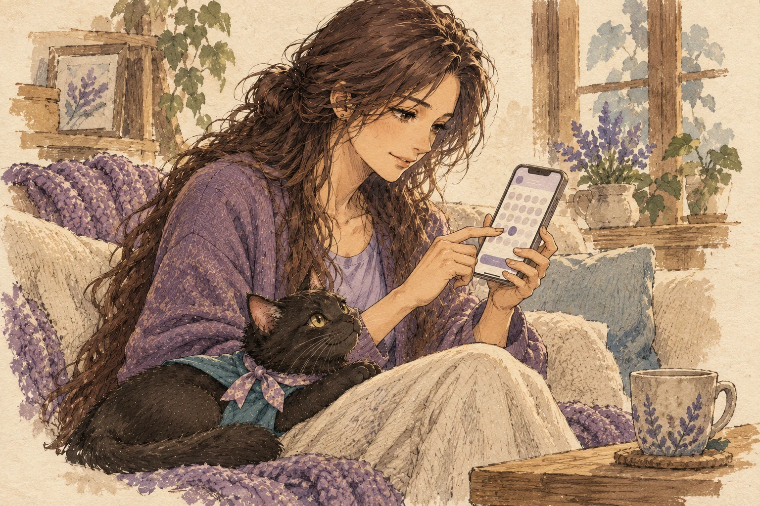 Una mujer consulta información desde su teléfono mientras Mati, un gato negro petróleo, se acurruca en su regazo.