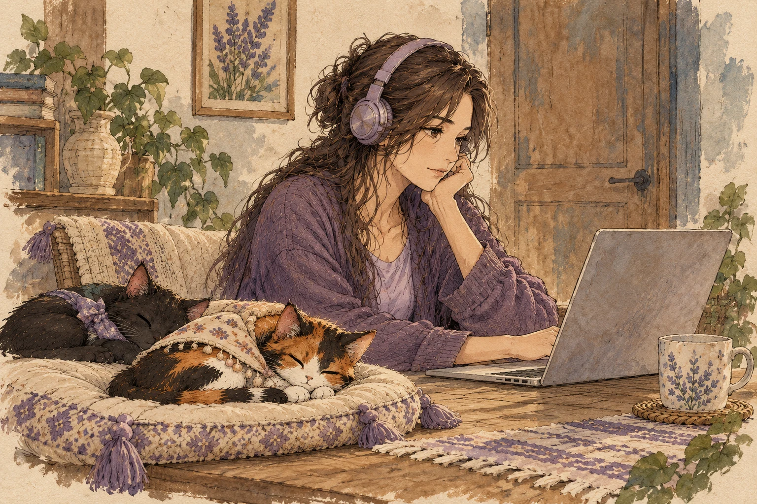Una mujer con audífonos se conecta desde su computadora; Mati y Temi duermen cerca, acurrucados como gatos.