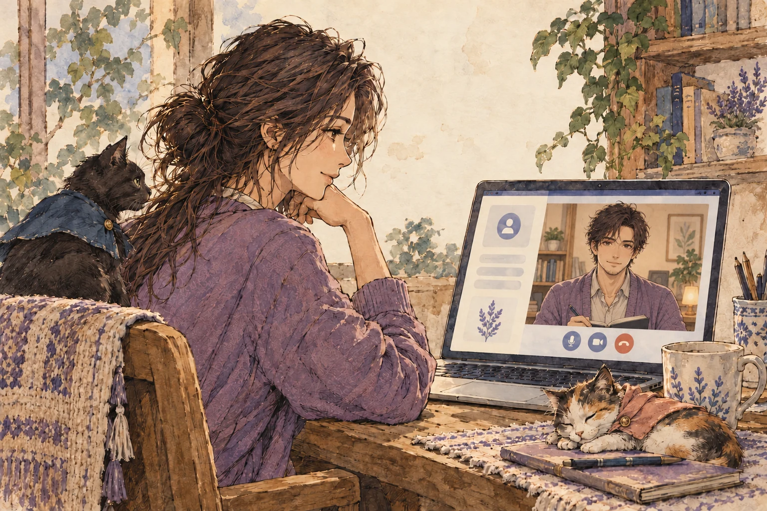 Ilustración de una sesión de terapia en línea: una mujer conversa con un hombre que escucha atento con cuaderno y pluma; Mati y Temi la acompañan cerca.